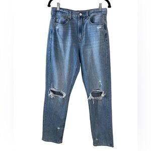 American Eagle light wash distressed high rise mom jeans